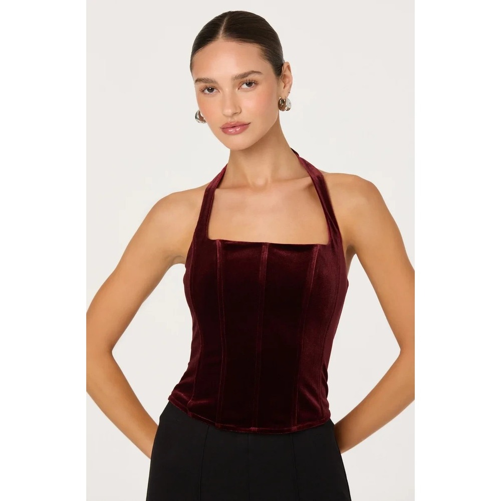 ASTR Velvet Corset Top NWT Burgundy Red Halter Womens L Boning Holiday Cocktail